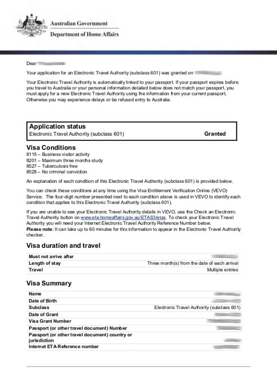 Australia ETA Sample Australia ETA Sample