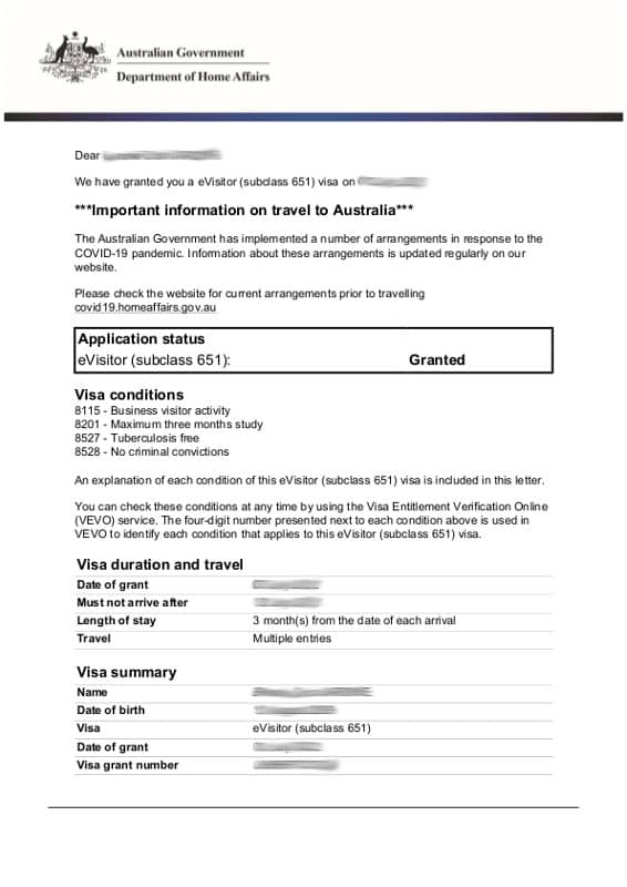 Australia eVisitor Visa Sample